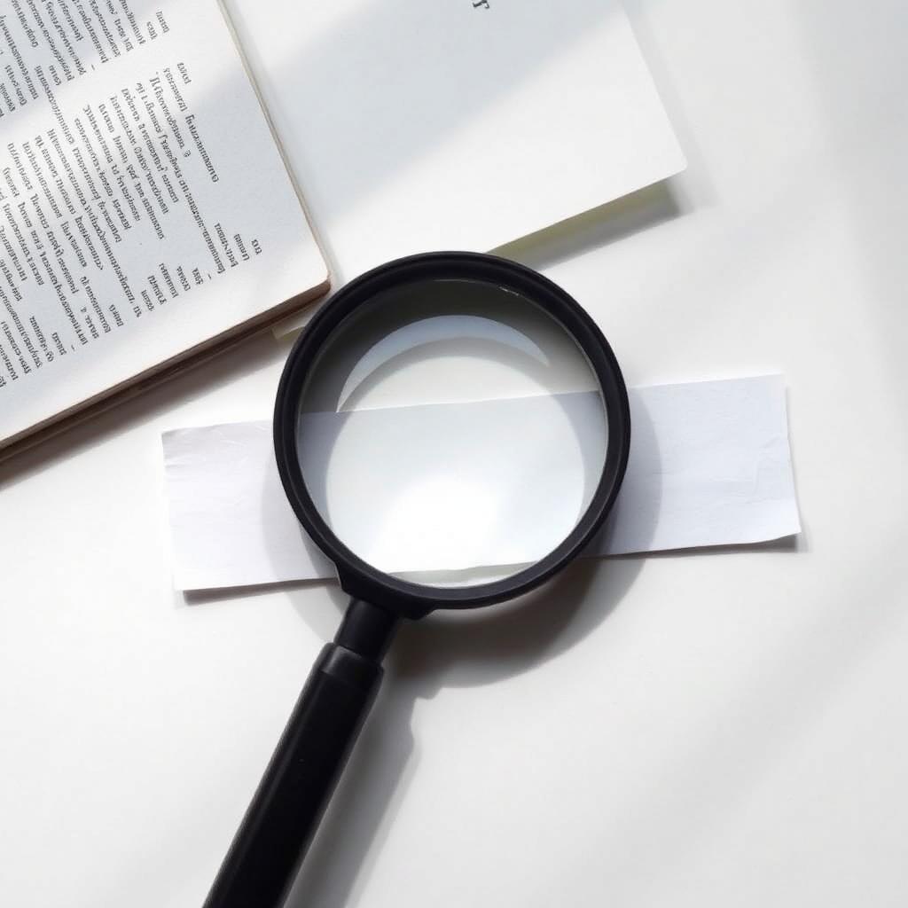 Magnifying glass over a paper search bar shape next to an open book, representing the Amazon A9 search algorithm.