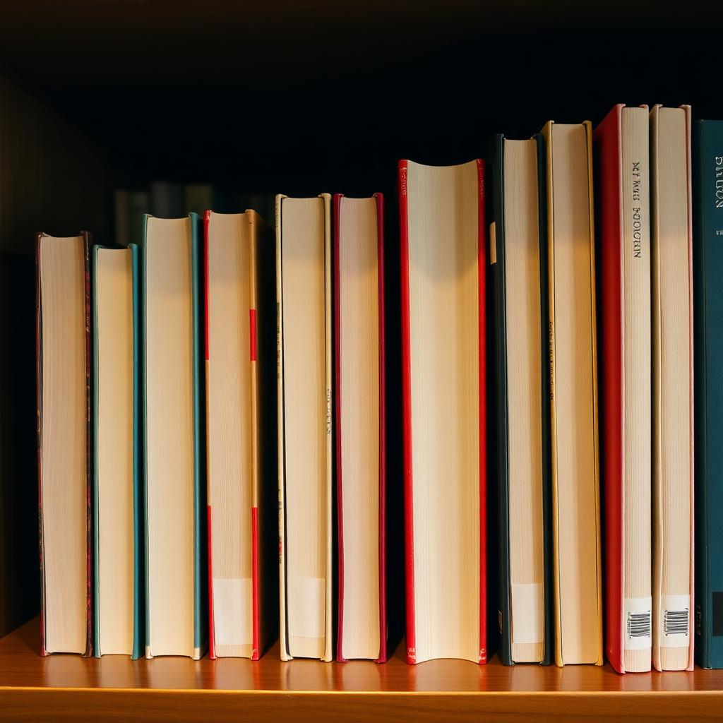 Row of paperback book spines on a warm wooden shelf, representing an indie author's backlist.