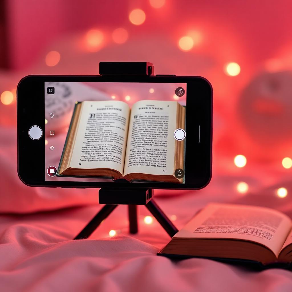 Smartphone on a tripod filming an open book in a cozy pink-lit bedroom, representing BookTok content for indie authors.