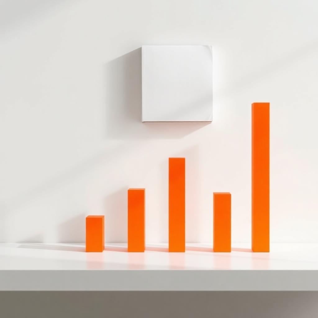 Minimalist photo of orange bar chart columns rising next to a blank paperback, representing Best Seller Rank growth.