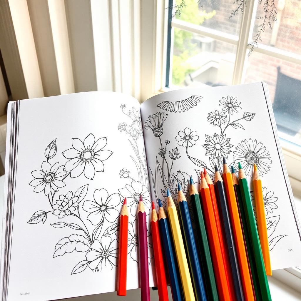 Open floral coloring book with colored pencils fanned out beside it on a sunlit windowsill.