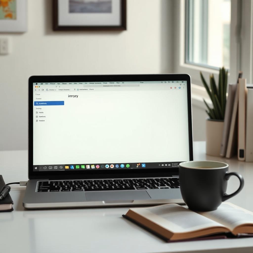 Laptop on a sunlit desk showing an empty email inbox next to a paperback and coffee mug.