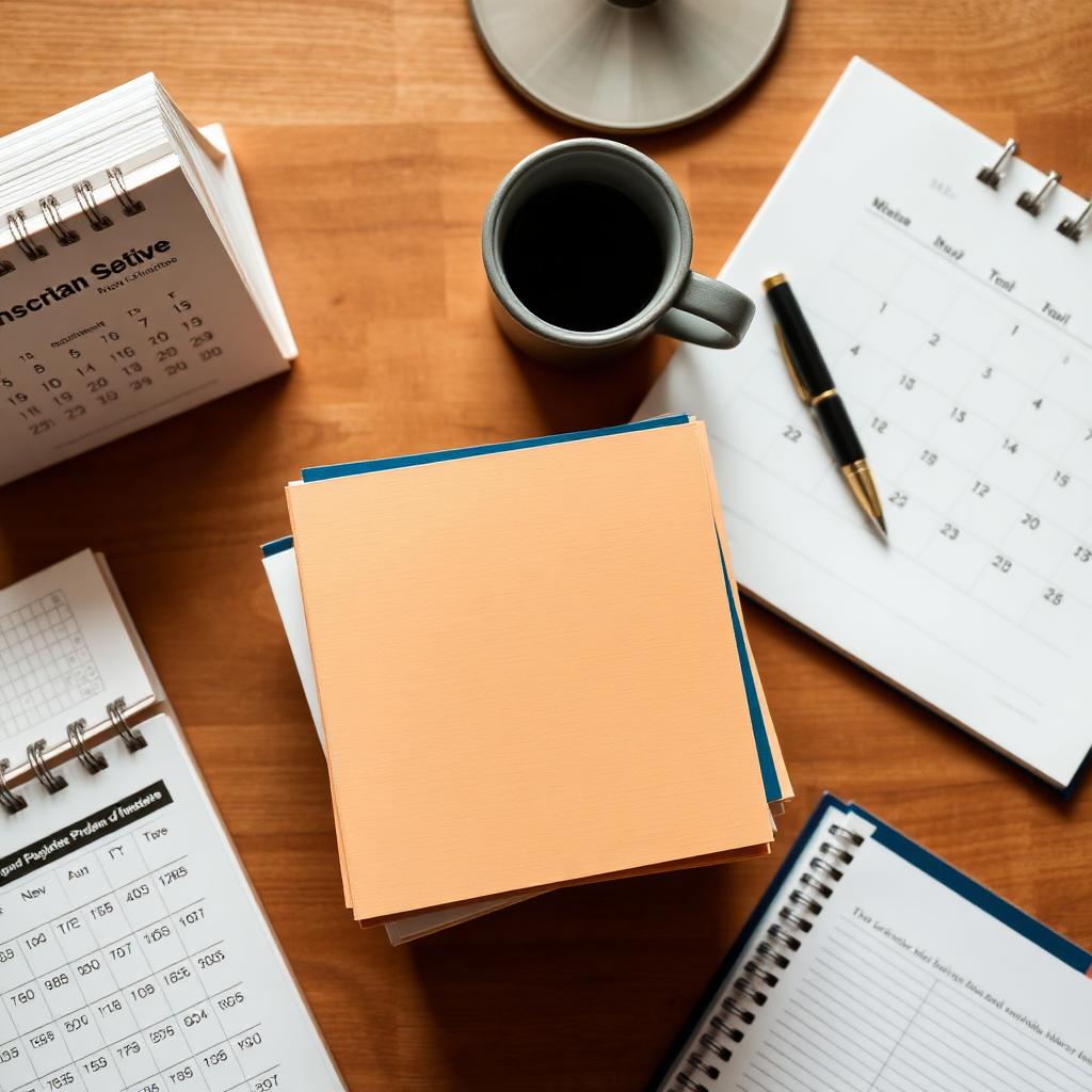 Flat-lay of paperback books, a calendar, and a coffee mug on a wooden desk representing a 30-day book launch plan.