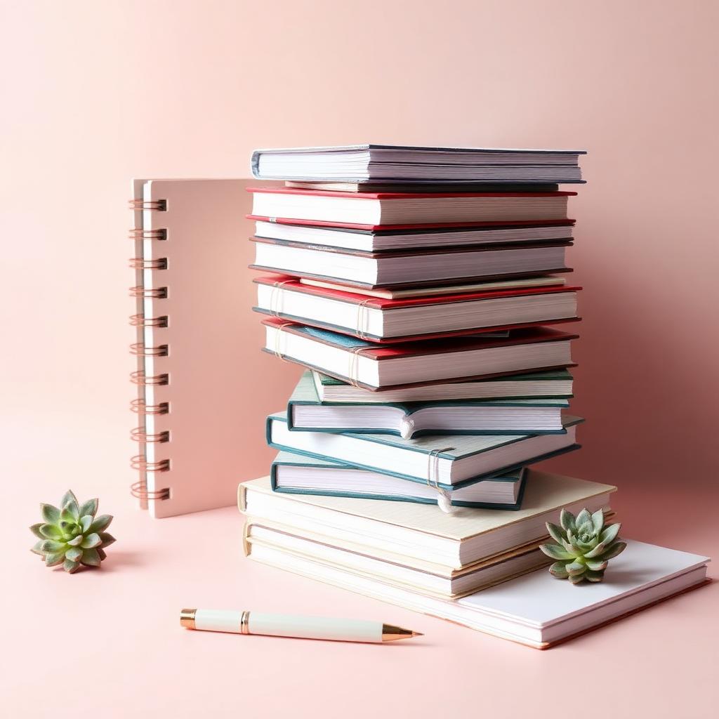 Stack of blank journals and planners with a pen on a soft pink background, representing the low-content KDP niche.