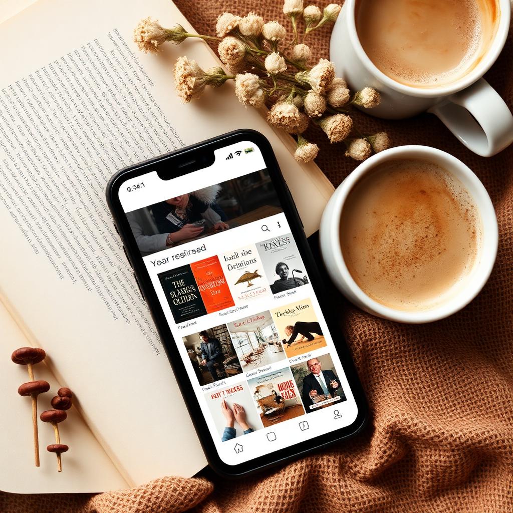 Smartphone showing a pinboard grid of book cover thumbnails on a warm cozy desk with a latte and dried flowers.