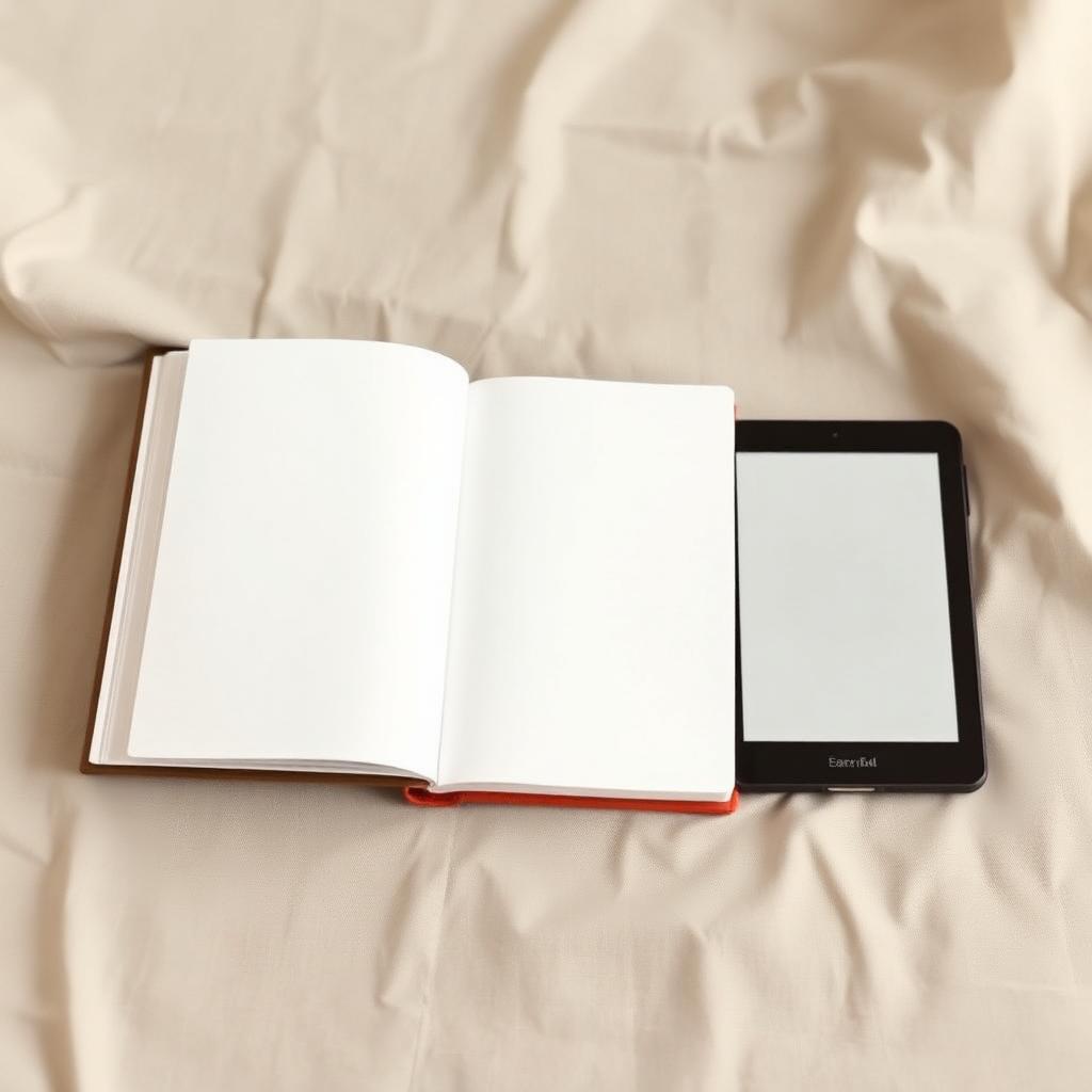 Paperback book and e-reader tablet side by side on a neutral linen surface representing format pricing options.